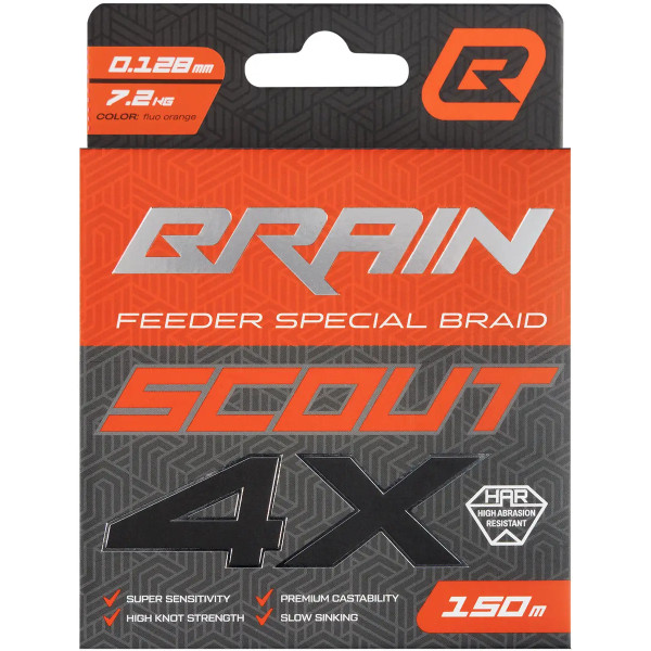 Шнур Brain Scout 4X (2026) 150m (fluoro Orange) 0.128mm 7.2kg