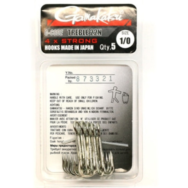Гачок Gamakatsu потрійний Treble 22 4x Strong Nickel #1/0 5шт