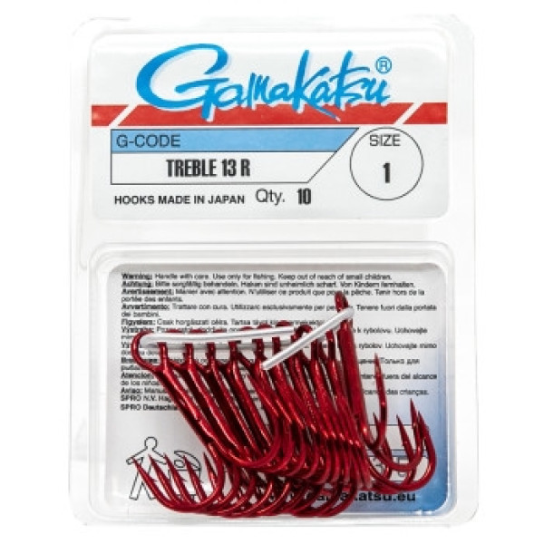 Gamakatsu Treble 13R Red #1 Hook, 10 pcs.