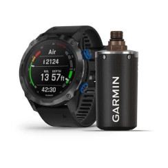 Descent Mk2i Carbon Gray DLC titanium smartwatch with black silicone strap, complete with Descent T1 transmitter