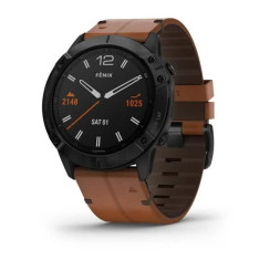 Garmin Fenix ​​6X Sapphire smartwatch in black with DLC coating and a chestnut leather strap