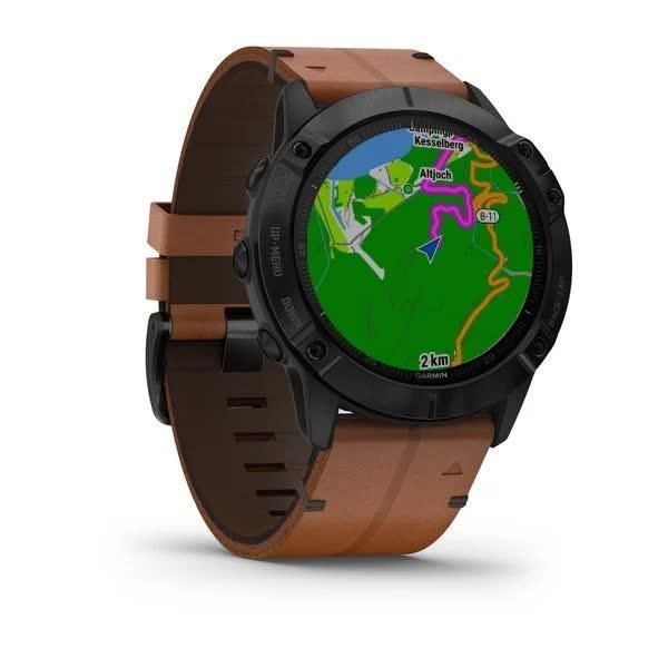 Garmin Fenix ​​6X Sapphire smartwatch in black with DLC coating and a chestnut leather strap