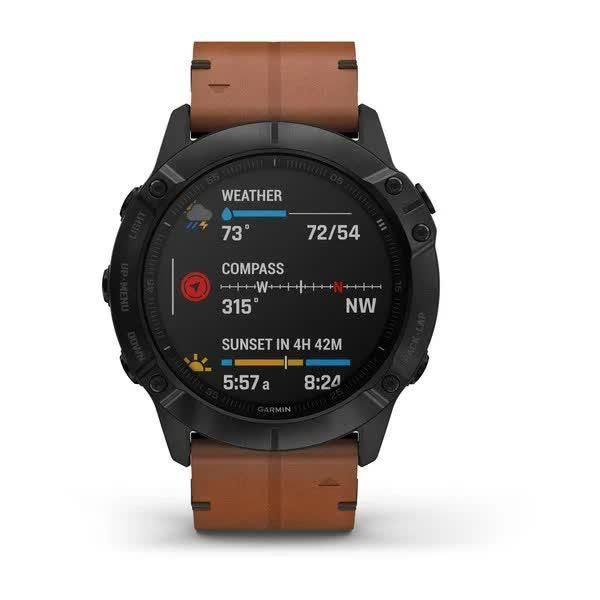 Garmin Fenix ​​6X Sapphire smartwatch in black with DLC coating and a chestnut leather strap