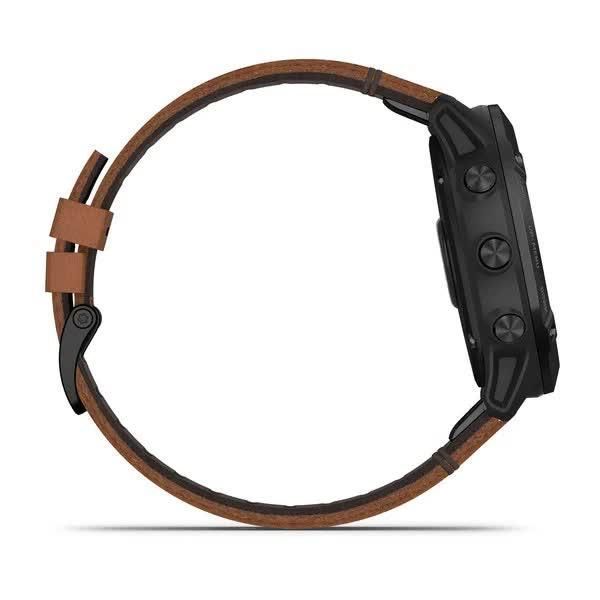 Garmin Fenix ​​6X Sapphire smartwatch in black with DLC coating and a chestnut leather strap