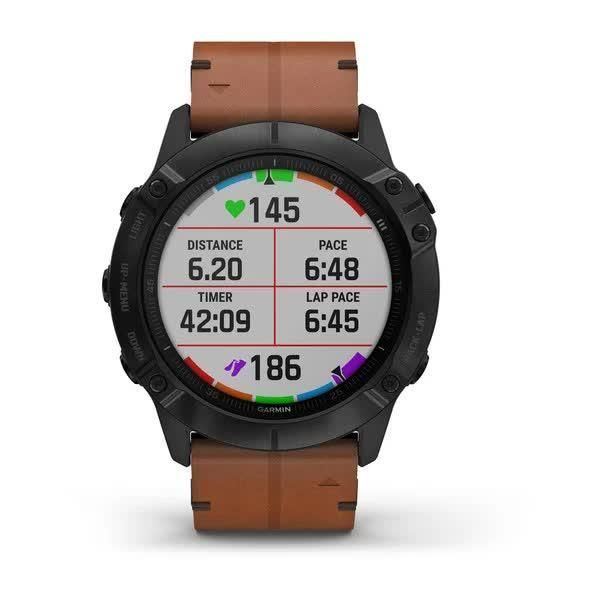Garmin Fenix ​​6X Sapphire smartwatch in black with DLC coating and a chestnut leather strap