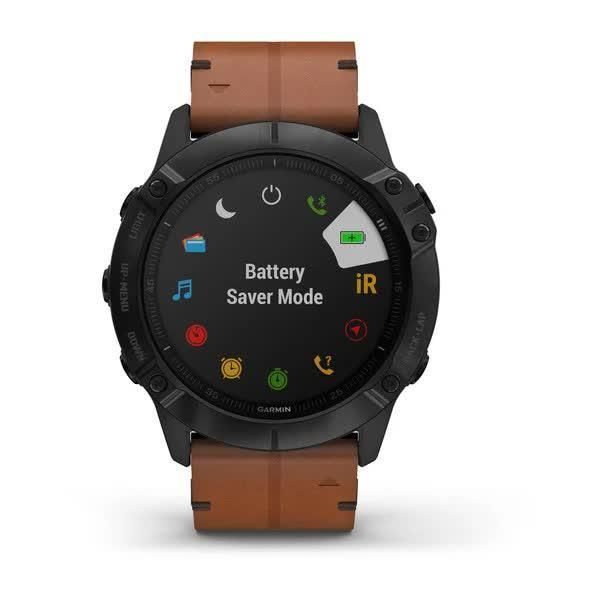 Garmin Fenix ​​6X Sapphire smartwatch in black with DLC coating and a chestnut leather strap