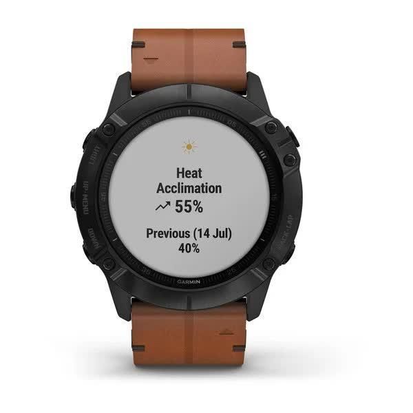 Garmin Fenix ​​6X Sapphire smartwatch in black with DLC coating and a chestnut leather strap