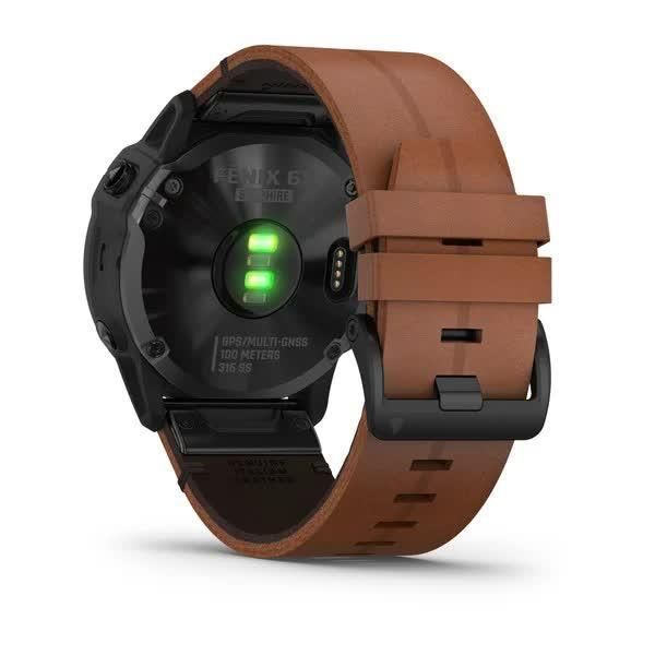 Garmin Fenix ​​6X Sapphire smartwatch in black with DLC coating and a chestnut leather strap