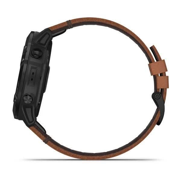 Garmin Fenix ​​6X Sapphire smartwatch in black with DLC coating and a chestnut leather strap