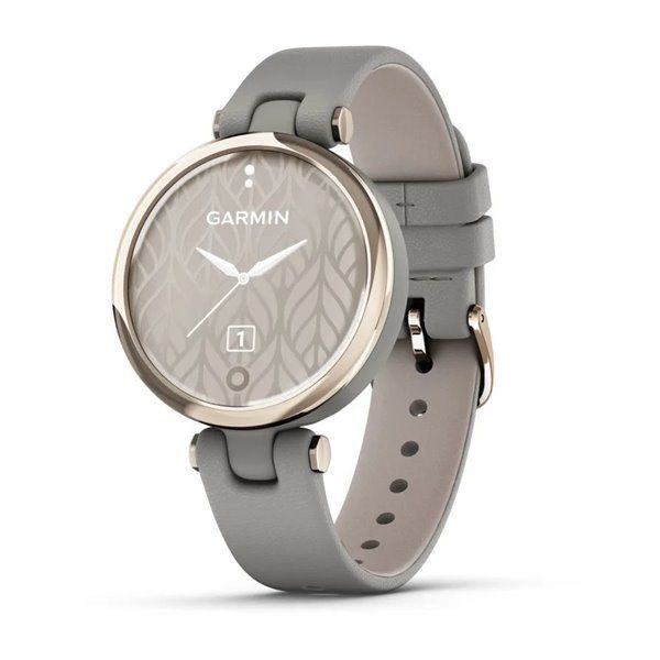 Garmin Lily Classic smartwatch with a cream-gold bezel, gray case, and Italian leather strap