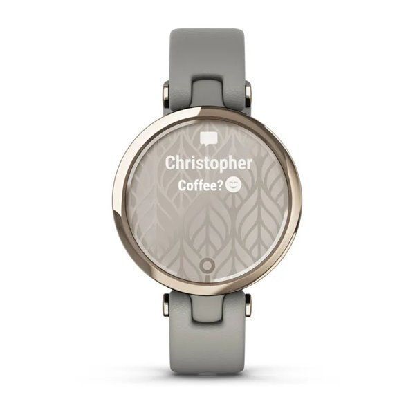 Garmin Lily Classic smartwatch with a cream-gold bezel, gray case, and Italian leather strap