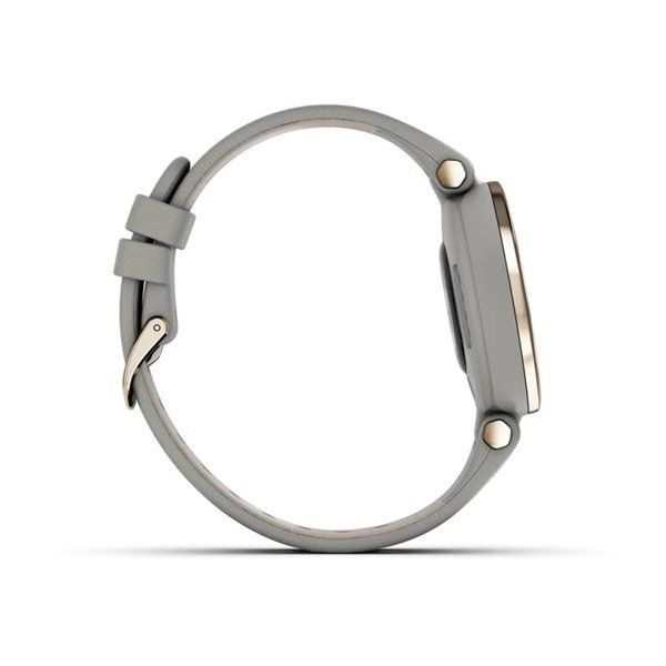 Garmin Lily Classic smartwatch with a cream-gold bezel, gray case, and Italian leather strap