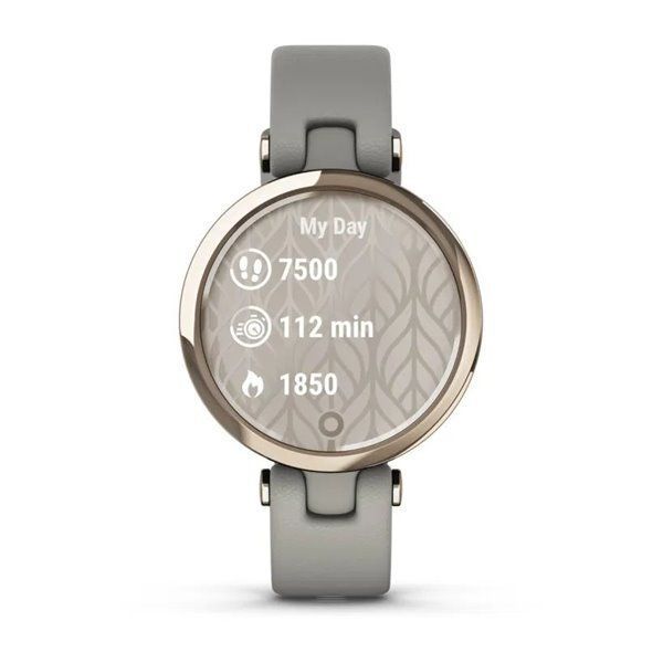 Garmin Lily Classic smartwatch with a cream-gold bezel, gray case, and Italian leather strap