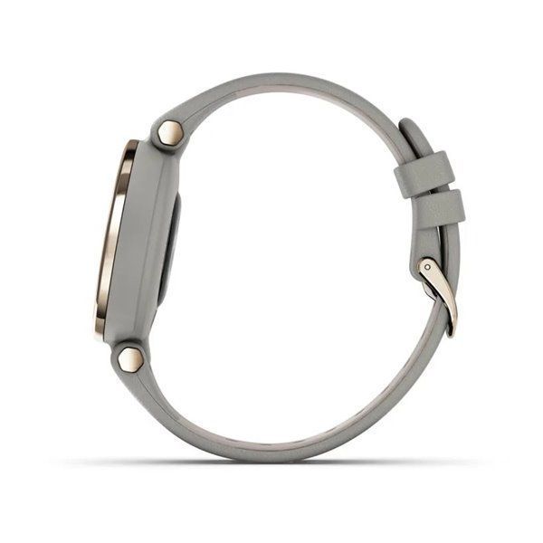 Garmin Lily Classic smartwatch with a cream-gold bezel, gray case, and Italian leather strap