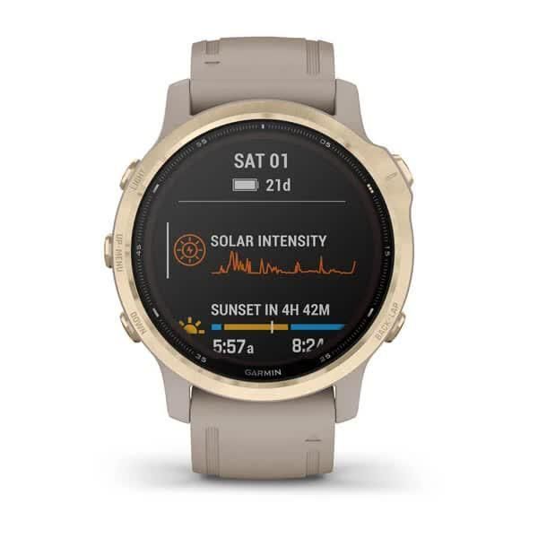 Смарт-годинник Garmin Fenix ​​6S Pro Solar золотистий зі світло-бежевим силіконовим ремінцем