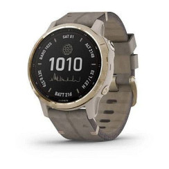 Garmin Fenix ​​6S Pro Solar smartwatch in gold with a beige suede strap
