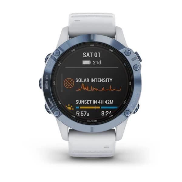 Смарт-часы Garmin Fenix 6 Pro Solar, синий минерал Titanium с белым ремешком