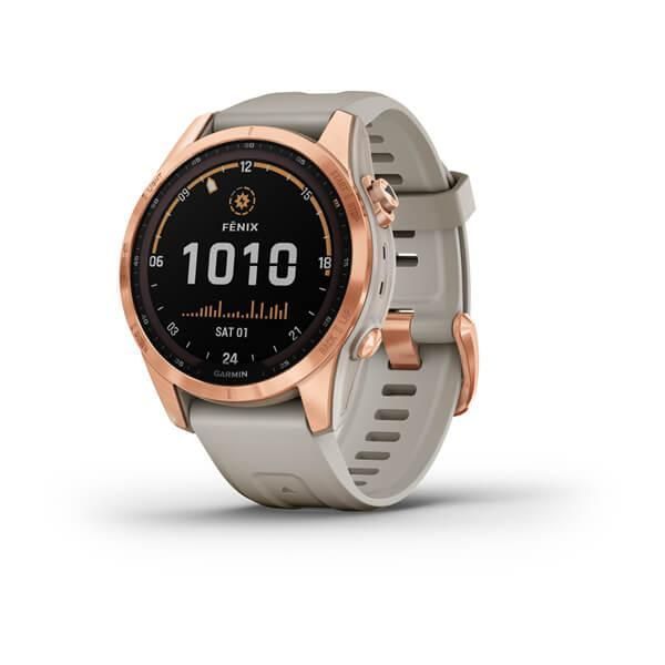Garmin Fenix ​​7S Solar Smartwatch in Rose Gold with a Light Beige Strap