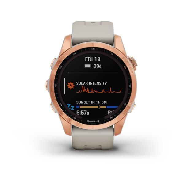 Garmin Fenix ​​7S Solar Smartwatch in Rose Gold with a Light Beige Strap