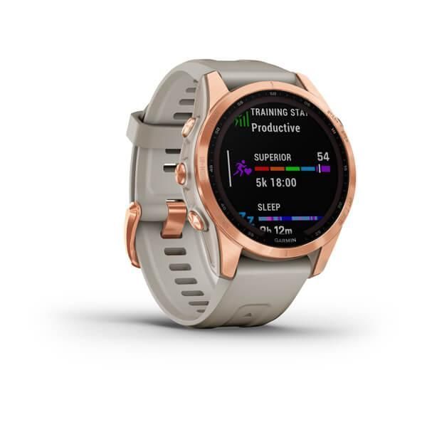Garmin Fenix ​​7S Solar Smartwatch in Rose Gold with a Light Beige Strap