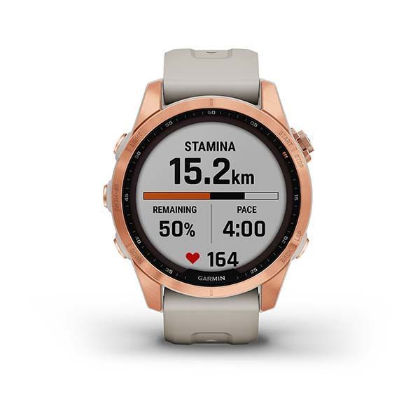 Garmin Fenix ​​7S Solar Smartwatch in Rose Gold with a Light Beige Strap