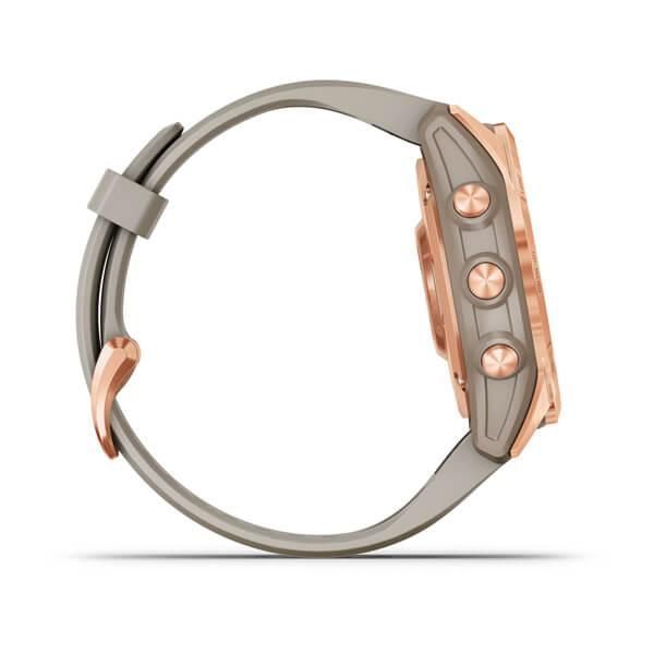 Garmin Fenix ​​7S Solar Smartwatch in Rose Gold with a Light Beige Strap