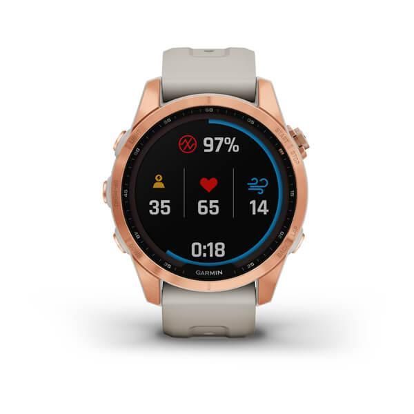 Garmin Fenix ​​7S Solar Smartwatch in Rose Gold with a Light Beige Strap