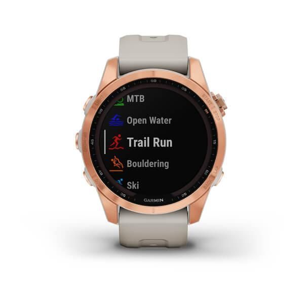 Garmin Fenix ​​7S Solar Smartwatch in Rose Gold with a Light Beige Strap