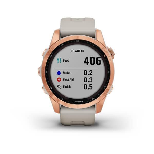Garmin Fenix ​​7S Solar Smartwatch in Rose Gold with a Light Beige Strap