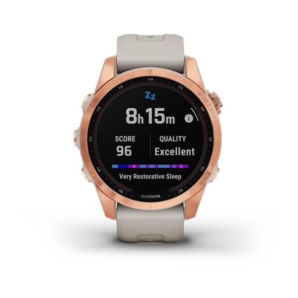 Garmin Fenix ​​7S Solar Smartwatch in Rose Gold with a Light Beige Strap