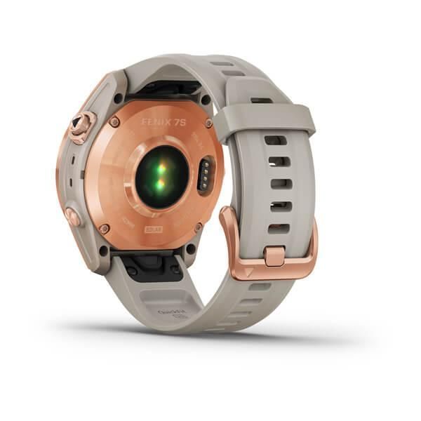 Garmin Fenix ​​7S Solar Smartwatch in Rose Gold with a Light Beige Strap