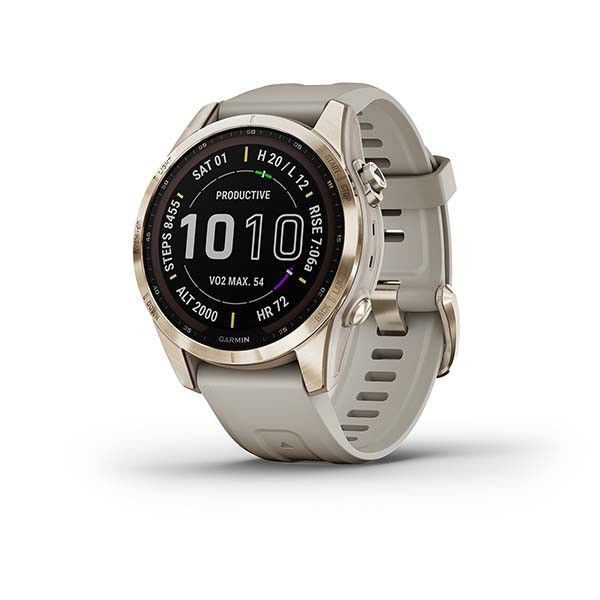 Garmin Fenix ​​7S Sapphire Solar Smartwatch in Gold Titanium with a Light Beige Strap