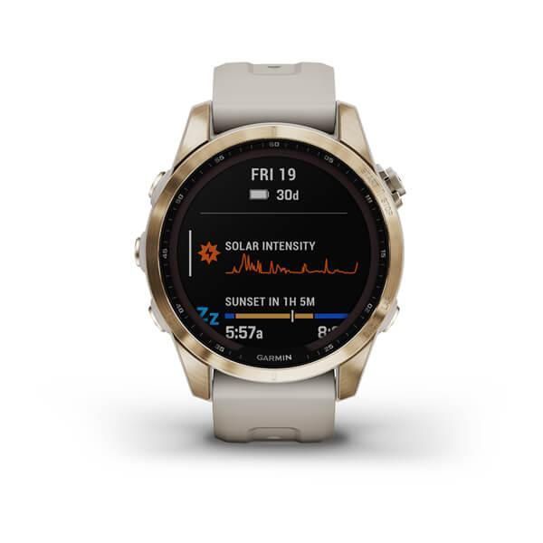 Garmin Fenix ​​7S Sapphire Solar Smartwatch in Gold Titanium with a Light Beige Strap