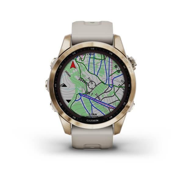 Garmin Fenix ​​7S Sapphire Solar Smartwatch in Gold Titanium with a Light Beige Strap