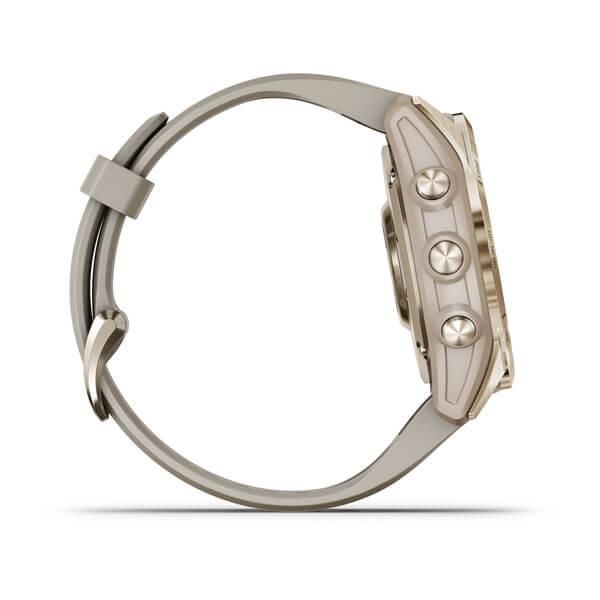 Garmin Fenix ​​7S Sapphire Solar Smartwatch in Gold Titanium with a Light Beige Strap