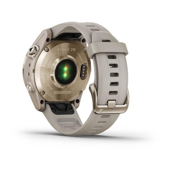 Garmin Fenix ​​7S Sapphire Solar Smartwatch in Gold Titanium with a Light Beige Strap