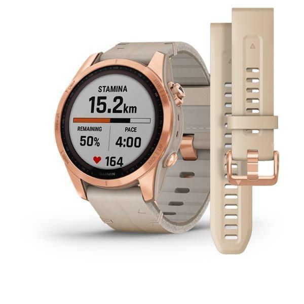 Garmin Fenix ​​7s Sapphire Solar Smartwatch in Rose Gold Titanium with a Light Beige Leather Strap
