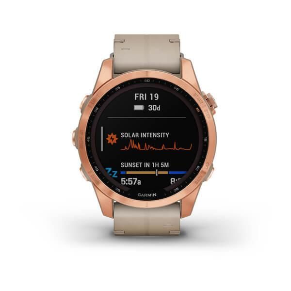Garmin Fenix ​​7s Sapphire Solar Smartwatch in Rose Gold Titanium with a Light Beige Leather Strap