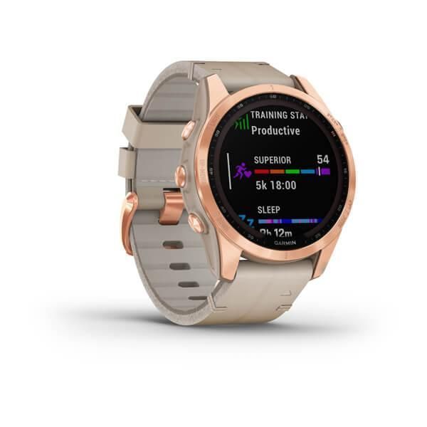 Garmin Fenix ​​7s Sapphire Solar Smartwatch in Rose Gold Titanium with a Light Beige Leather Strap