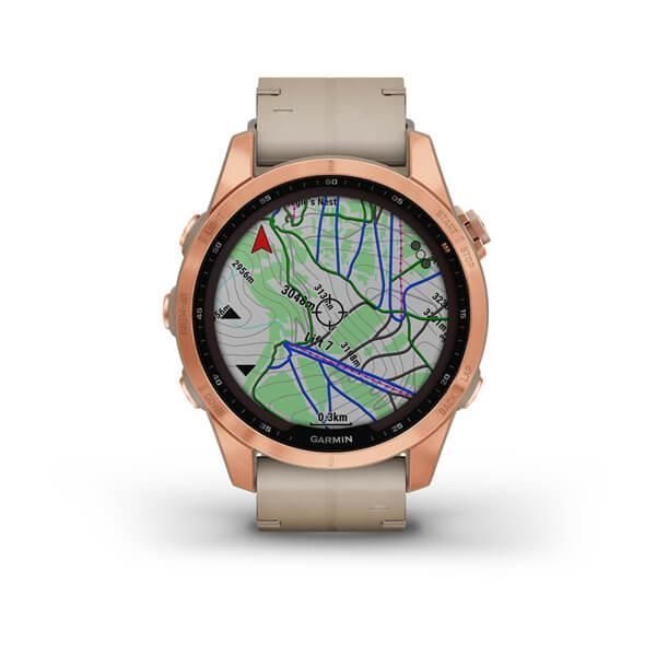 Garmin Fenix ​​7s Sapphire Solar Smartwatch in Rose Gold Titanium with a Light Beige Leather Strap