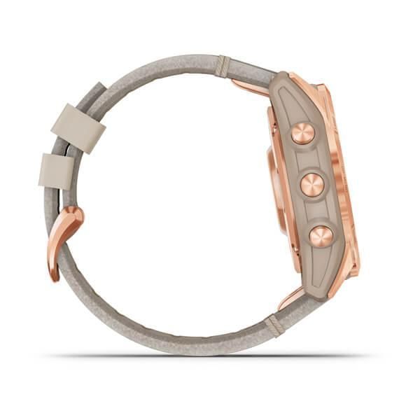 Garmin Fenix ​​7s Sapphire Solar Smartwatch in Rose Gold Titanium with a Light Beige Leather Strap