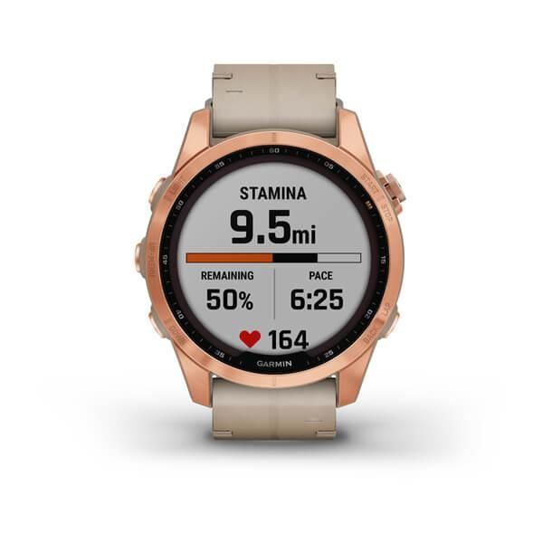 Garmin Fenix ​​7s Sapphire Solar Smartwatch in Rose Gold Titanium with a Light Beige Leather Strap