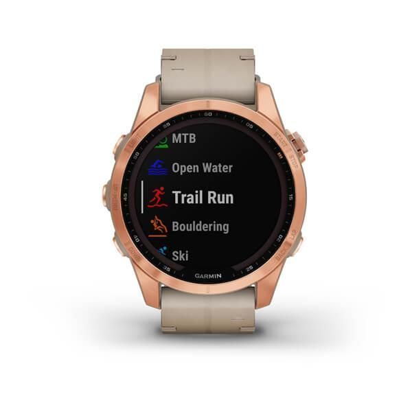 Garmin Fenix ​​7s Sapphire Solar Smartwatch in Rose Gold Titanium with a Light Beige Leather Strap