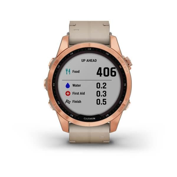 Garmin Fenix ​​7s Sapphire Solar Smartwatch in Rose Gold Titanium with a Light Beige Leather Strap