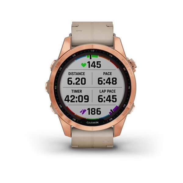 Garmin Fenix ​​7s Sapphire Solar Smartwatch in Rose Gold Titanium with a Light Beige Leather Strap