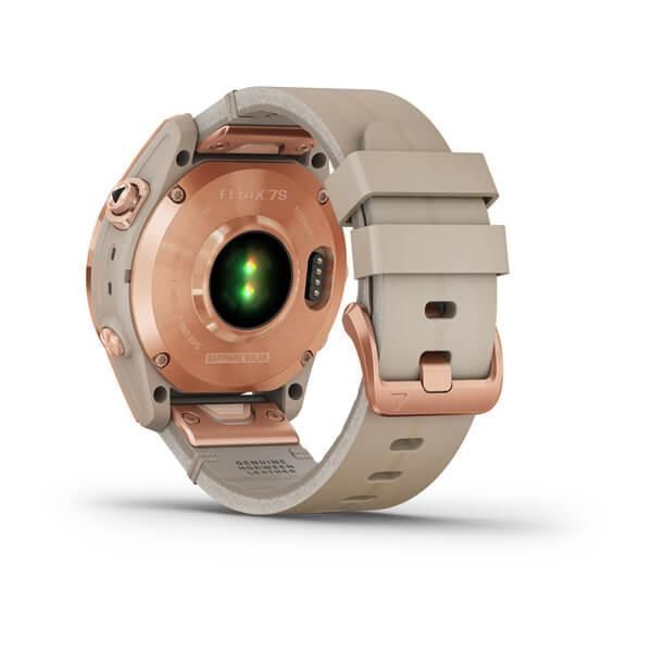 Garmin Fenix ​​7s Sapphire Solar Smartwatch in Rose Gold Titanium with a Light Beige Leather Strap