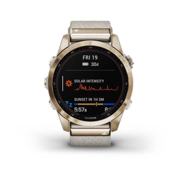 Garmin Fenix ​​7s Sapphire Solar Smartwatch in Titanium, Cream Gold, and Nylon Strap