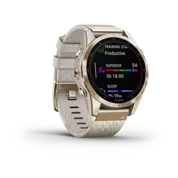 Garmin Fenix ​​7s Sapphire Solar Smartwatch in Titanium, Cream Gold, and Nylon Strap