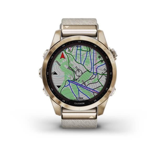 Garmin Fenix ​​7s Sapphire Solar Smartwatch in Titanium, Cream Gold, and Nylon Strap