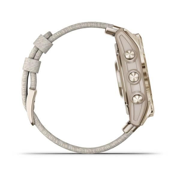 Garmin Fenix ​​7s Sapphire Solar Smartwatch in Titanium, Cream Gold, and Nylon Strap